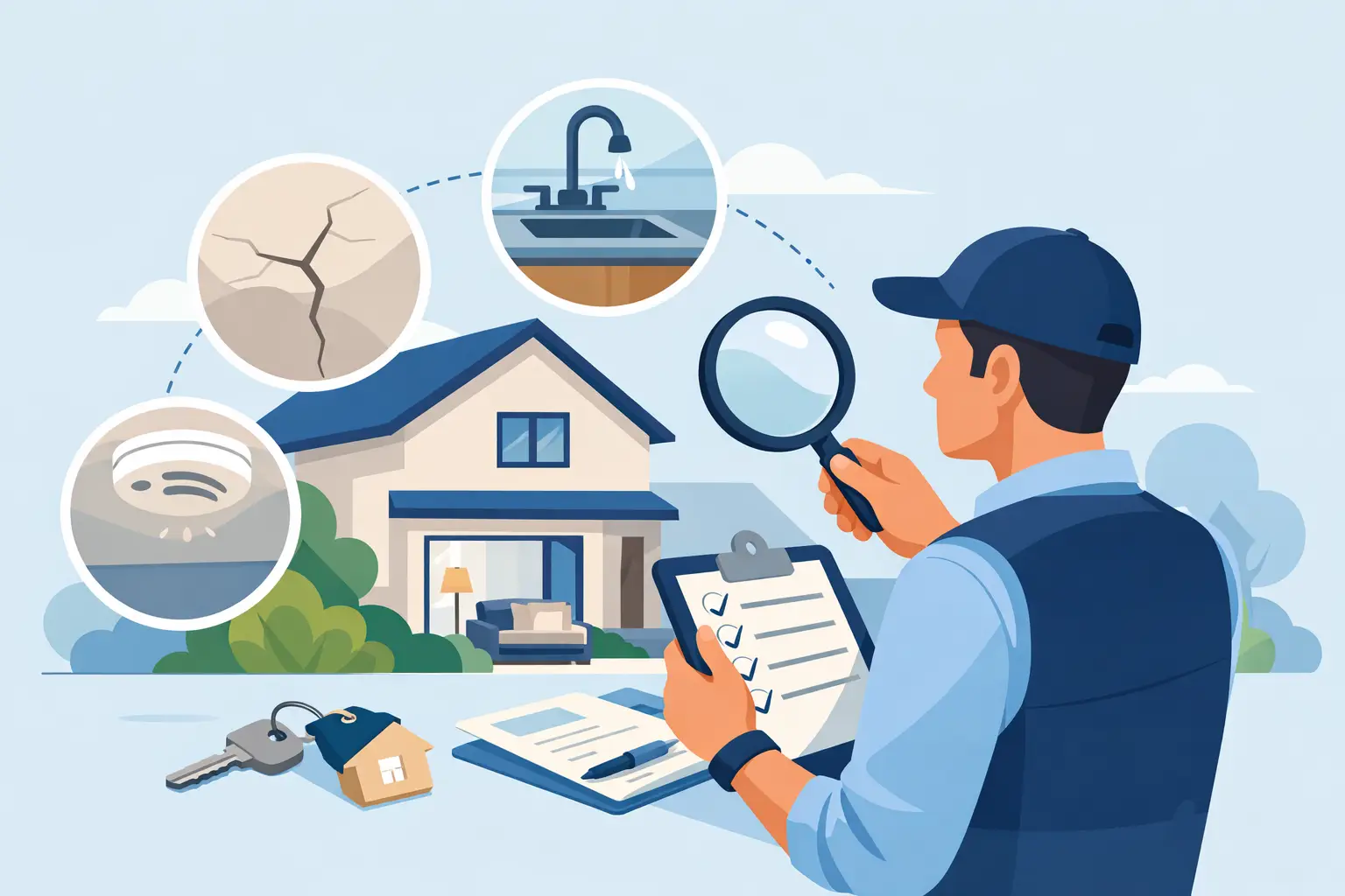 Property inspector carrying out a mid term inspection in a rental property, checking maintenance issues and property condition for landlord compliance.