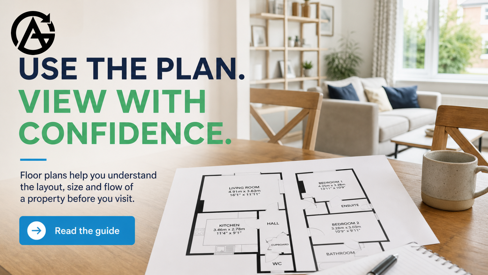 AG Site Solutions graphic showing a floor plan on a table in a bright home, with the words Use the plan. View with confidence.